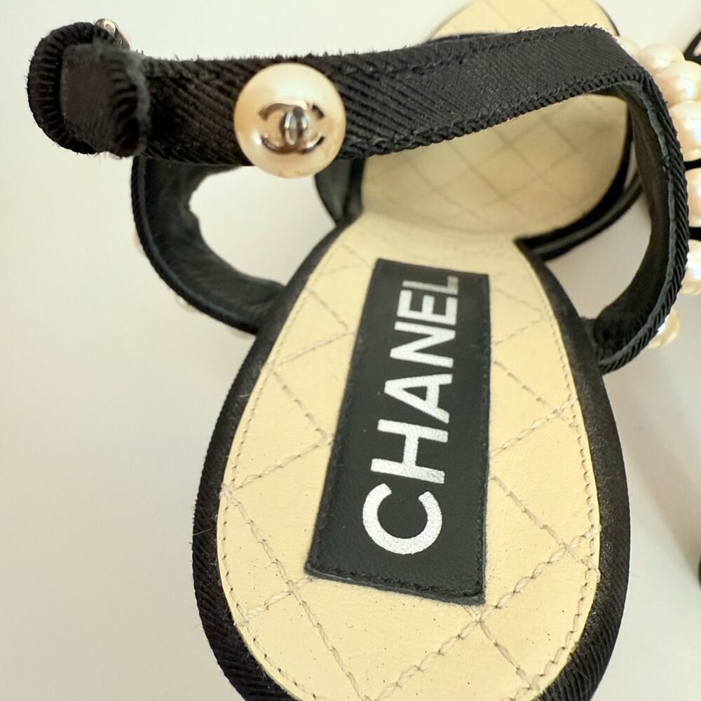 Chanel Black Grosgrain Pearl Slingback Heels Sandals CC Logo EU 41 - Picture 5 of 11